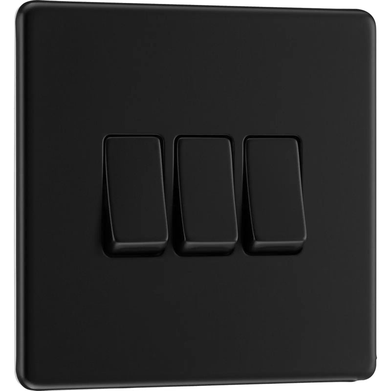 BG Electrical Flatplate Screwless Matt Black - Triple, 2 way switch