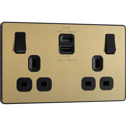 BG Electrical Evolve Satin Brass - Double switched single pole, with USB A + C (22W)