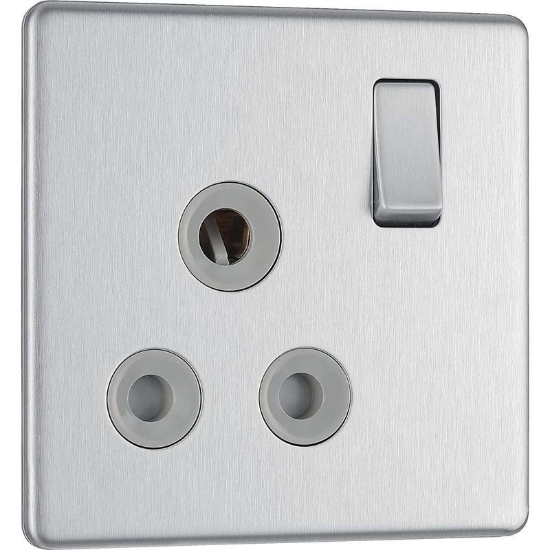 BG Electrical Flatplate Screwless Brushed Steel - 15A, single, switched, round pin