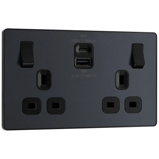BG Electrical Evolve Matt Grey - Double switched single pole, with USB A + C (45W)