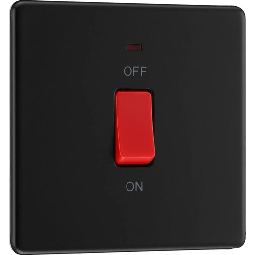 BG Electrical Flatplate Screwless Matt Black - 45A, double pole, single plate, with indicator