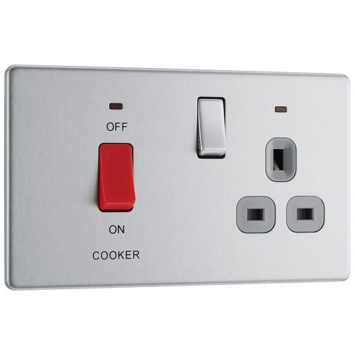 BG Electrical Flatplate Screwless Brushed Steel - 45A double pole, with switched socket and indicators