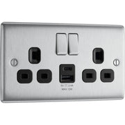 BG Electrical Nexus Metal Brushed Steel - Double switched single pole, with USB A + C (12W)