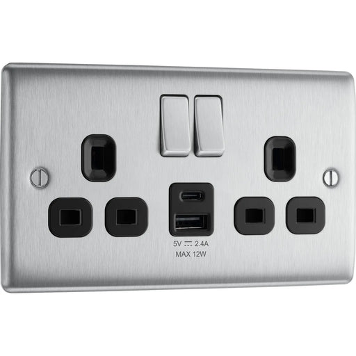 BG Electrical Nexus Metal Brushed Steel - Double switched single pole, with USB A + C (12W)