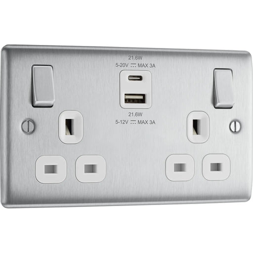 BG Electrical Nexus Metal Brushed Steel - Double switched single pole, with USB A + C (22W)