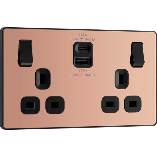 BG Electrical Evolve Polished Copper - Double switched single pole, with USB A + C (22W)