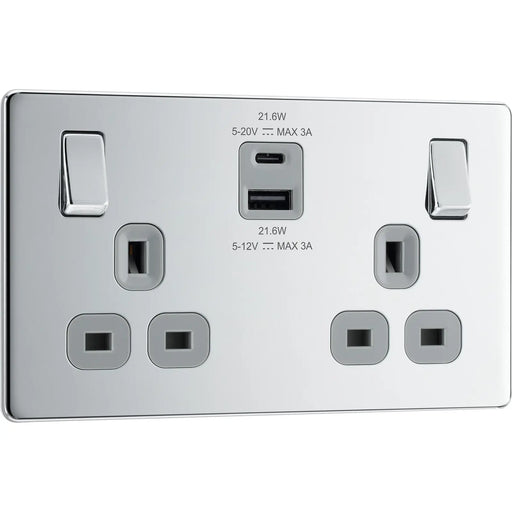 BG Electrical Flatplate Screwless Polished Chrome - Double switched single pole, with USB A + C (22W)