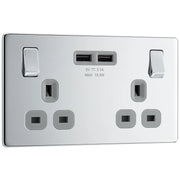 BG Electrical Flatplate Screwless Polished Chrome - Double switched, single pole, with 2 x USB A