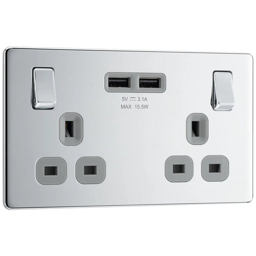 BG Electrical Flatplate Screwless Polished Chrome - Double switched, single pole, with 2 x USB A