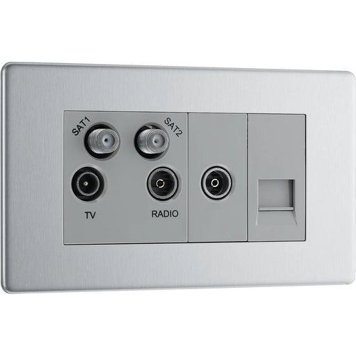 BG Electrical Flatplate Screwless Brushed Steel - Quadplex, 2 x sat, BT outlet and co-ax returned - screened
