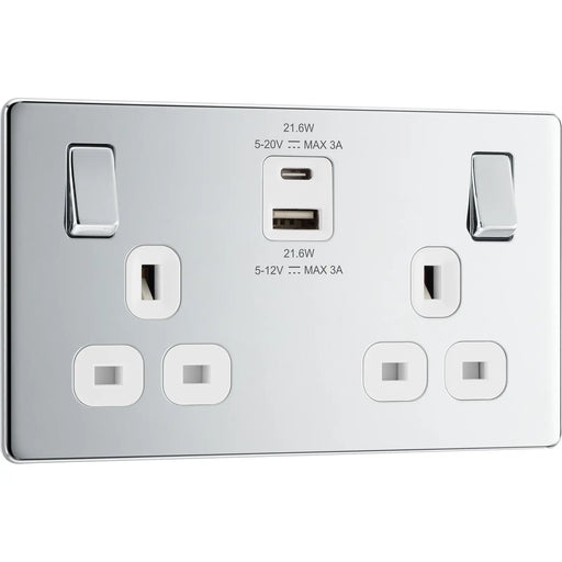 BG Electrical Flatplate Screwless Polished Chrome - Double switched single pole, with USB A + C (22W)