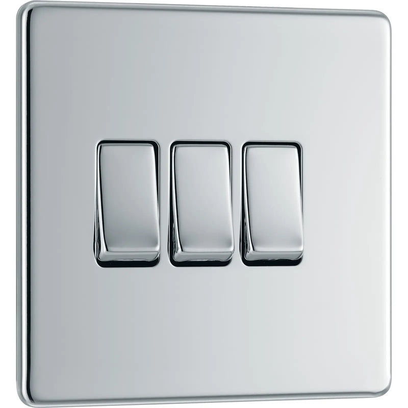 BG Electrical Flatplate Screwless Polished Chrome - Triple, 2 way switch