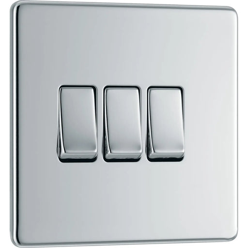 BG Electrical Flatplate Screwless Polished Chrome - Triple, 2 way switch