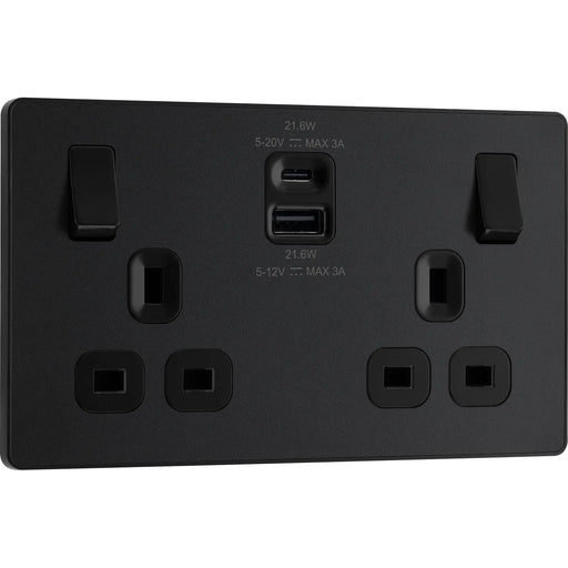 BG Electrical Evolve Matt Black - Double switched single pole, with USB A + C (22W)