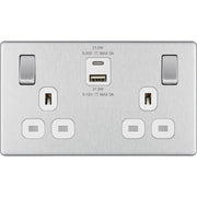 BG Electrical Flatplate Screwless Brushed Steel - Double switched single pole, with USB A + C (22W)