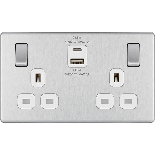 BG Electrical Flatplate Screwless Brushed Steel - Double switched single pole, with USB A + C (22W)
