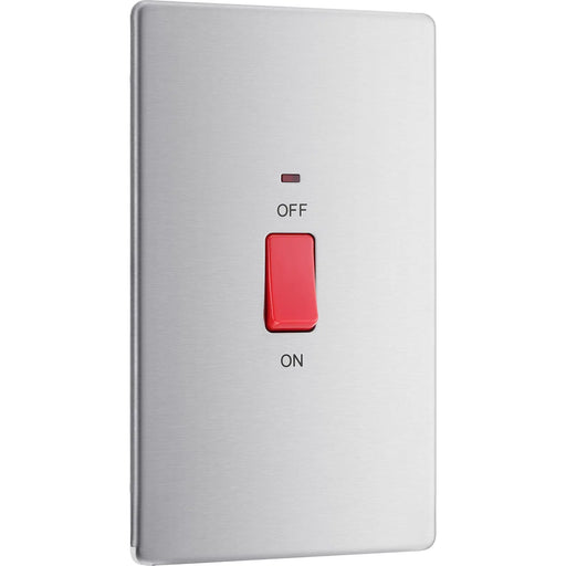 BG Electrical Flatplate Screwless Brushed Steel - 45A, double pole, large plate, with indicator