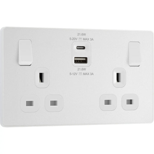 BG Electrical Evolve Pearlescent White - Double switched single pole, with USB A + C (22W)