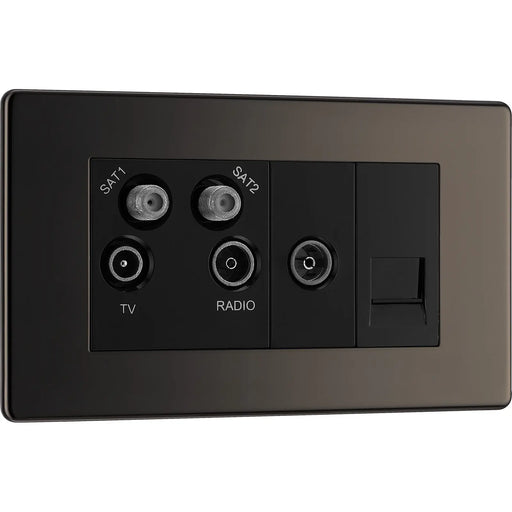 BG Electrical Flatplate Screwless Black Nickel - Quadplex 2 x sat, BT outlet and co-ax returned - screened