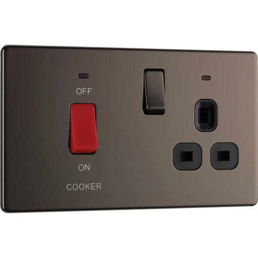 BG Electrical Flatplate Screwless Black Nickel - 45A double pole with switched socket and indicators
