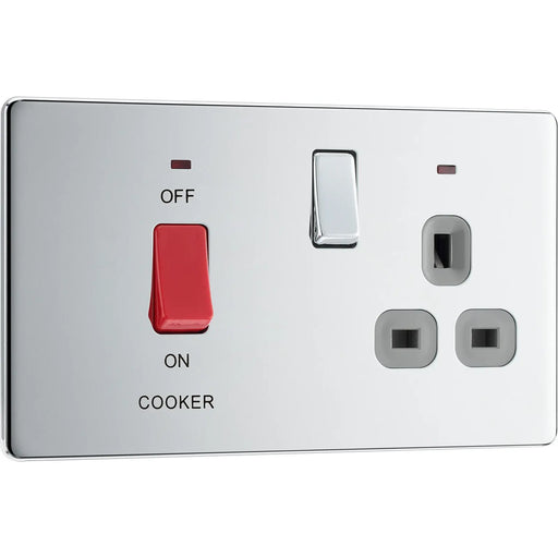BG Electrical Flatplate Screwless Polished Chrome - 45A double pole, with switched socket and indicators