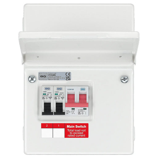 BG Circuit Protection IP20 Non Weatherproof - 4 module, 4 way, 100A Main Switch, 2 MCB's