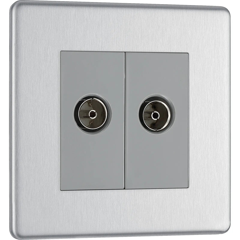 BG Electrical Flatplate Screwless Brushed Steel - Double, isolated, co-axial