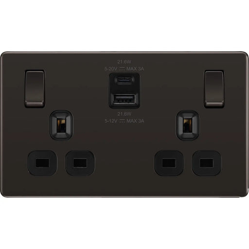 BG Electrical Flatplate Screwless Black Nickel - Double switched single pole, with USB A + C (22W)