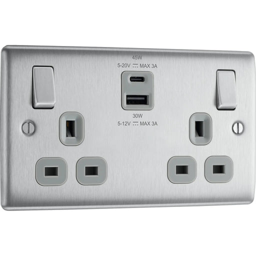 BG Electrical Nexus Metal Brushed Steel - Double switched single pole, with USB A + C (45W)