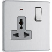 BG Electrical Flatplate Screwless Brushed Steel - Single, switched, universal with indicator (export only)