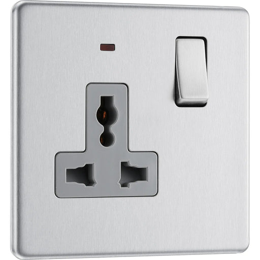 BG Electrical Flatplate Screwless Brushed Steel - Single, switched, universal with indicator (export only)