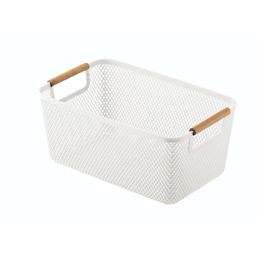 Blue Canyon Large Plastic Storage Basket With Wooden Handles White