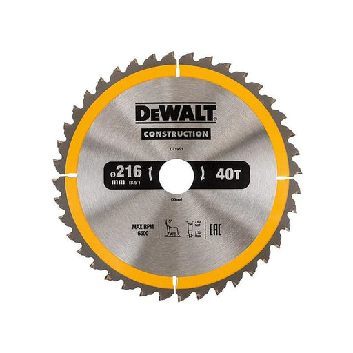 Dewalt Power Tools Stationary Construction Circular Saw Blade 216 x 30mm x 40T ATB/Neg