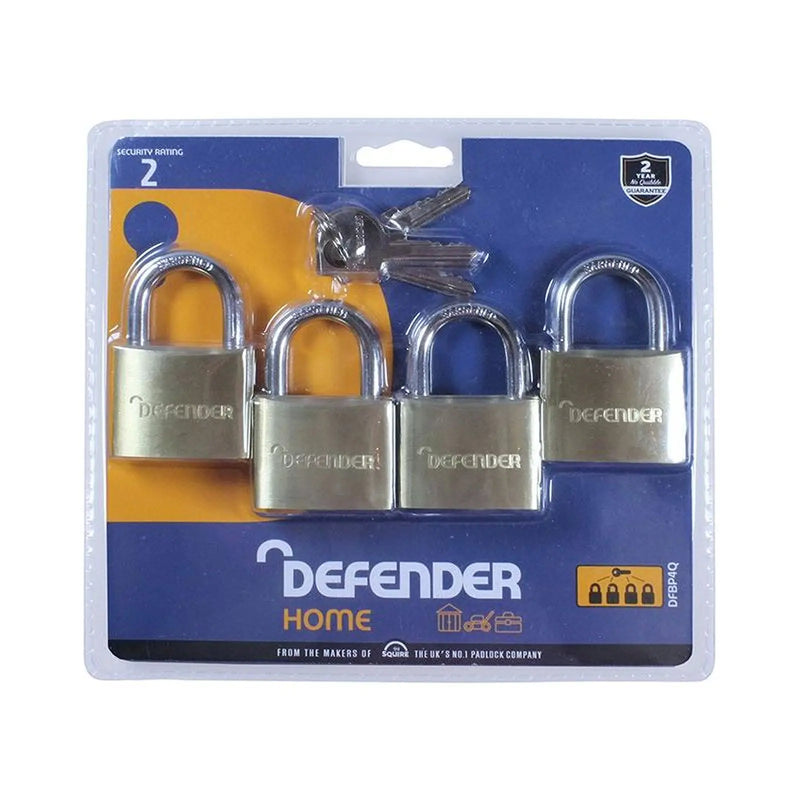 DEFENDER Brass Padlock Quad Pack 40mm Heavy Duty