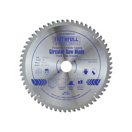 Faithfull TCT Circular Saw Blade Triple Chip Ground 250 x 30mm x 60T NEG
