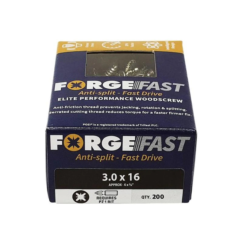 Forgefix ForgeFast Pozi Compatible Elite Performance Wood Screw ZY 3.0 x 16mm Box 200
