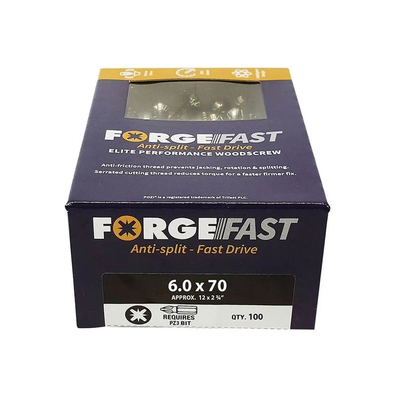 Forgefix ForgeFast Pozi Compatible Elite Performance Wood Screw ZY 6.0 x 70mm Box 100