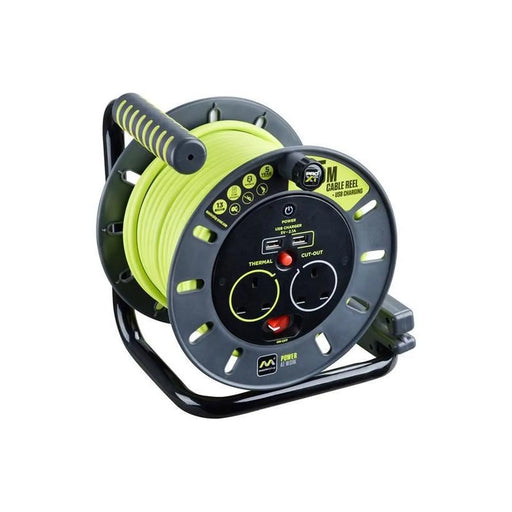 Masterplug PRO-XT Open Cable Reel 240V 13A 2-Socket & 2 USB (2.1A Shared) 25m