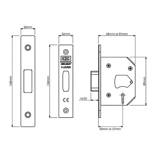 Union StrongBOLT 2103S 3 Lever Mortice Deadlock Polished Brass 81mm 3in Visi