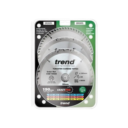 Trend CraftPro Saw Blade 190 x 30mm x 24T/40T/60T (Pack 3)