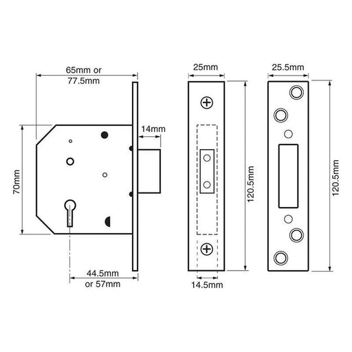 Union 2101 5 Lever Mortice Deadlock Satin Brass Finish 65mm 2.5in Box