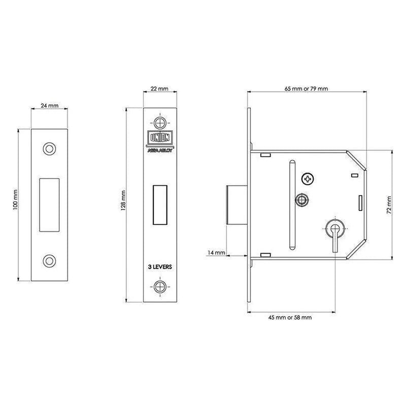 Union ES-DL Essentials 3 Lever Mortice Deadlock Chrome 65mm 2.5in Visi