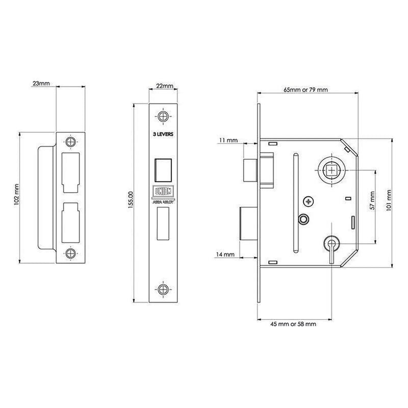 Union ES-SL Essentials 3 Lever Mortice Sashlock Polished Brass 65mm 2.5in Visi