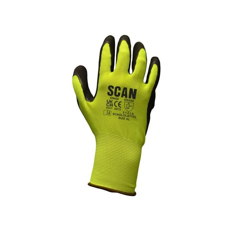 Scan Hi-Vis Yellow Foam Latex Coated Gloves - M (Size 8)