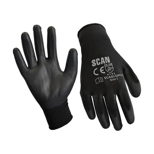 Scan Black PU Coated Gloves - L (Size 9) (12 Pairs)