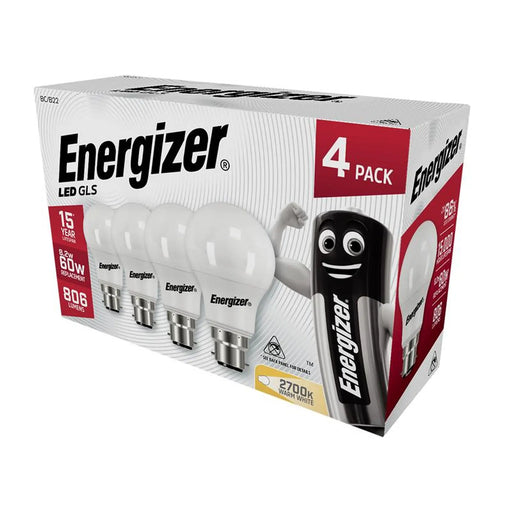 Energizer® LED BC (B22) Opal GLS Non-Dimmable Bulb, Warm White 806 lm 8.2W (Pack 4)