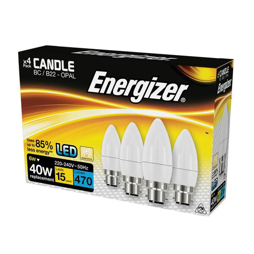 Energizer® LED BC (B22) Opal Candle Non-Dimmable Bulb, Warm White 470 lm 5.2W (Pack 4)