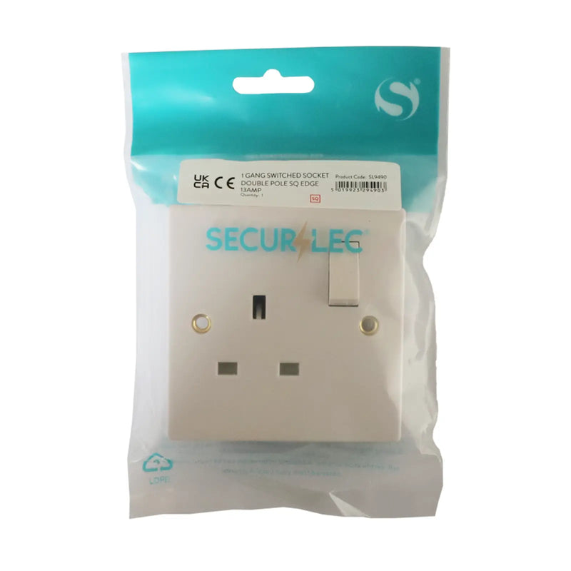 Securlec 1 Gang Switched Socket Double Pole Square Edge