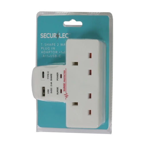 Securlec T-Shape 2 Way Plug-In Adaptor 1 x USB-A, 1 x USB-C 2100ma