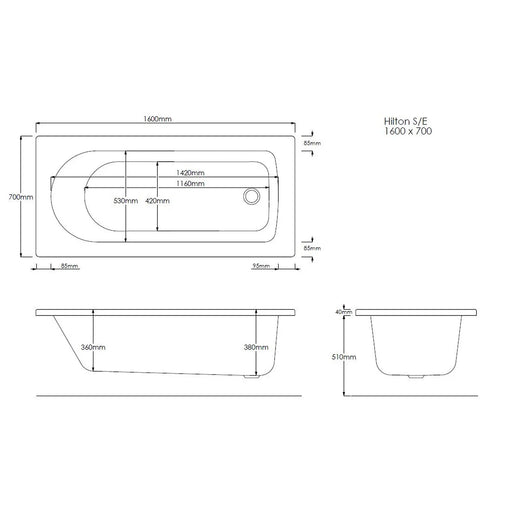 Pure Baths Nova 1600mm x 700mm Single Ended Bath